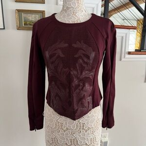 a. moss Maroon Leather Mesh Embroidered Top M